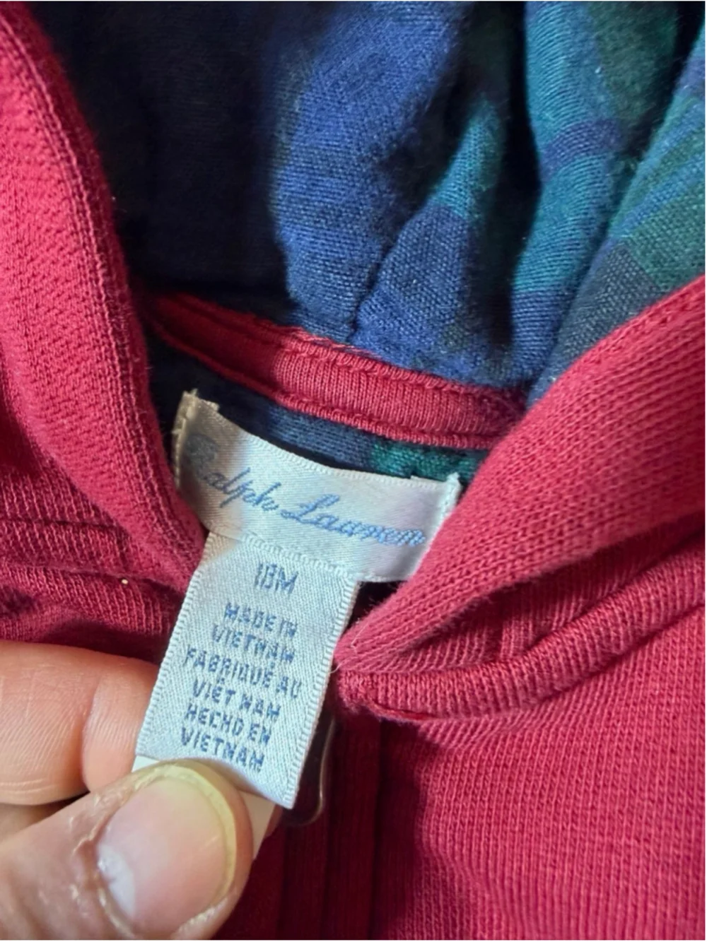 Ralph Lauren Baby Burgundy Full Zip Hoodie Plaid Lined 18M Pony Logo